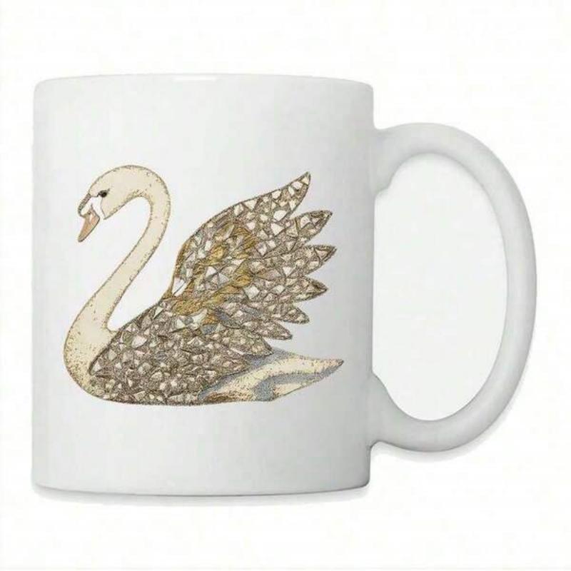 Tailorly White Ceramic 11 oz Mug - Intricate Golden Mosaic Patterns Decorated Upon A Graceful Swimming Majestic Swan