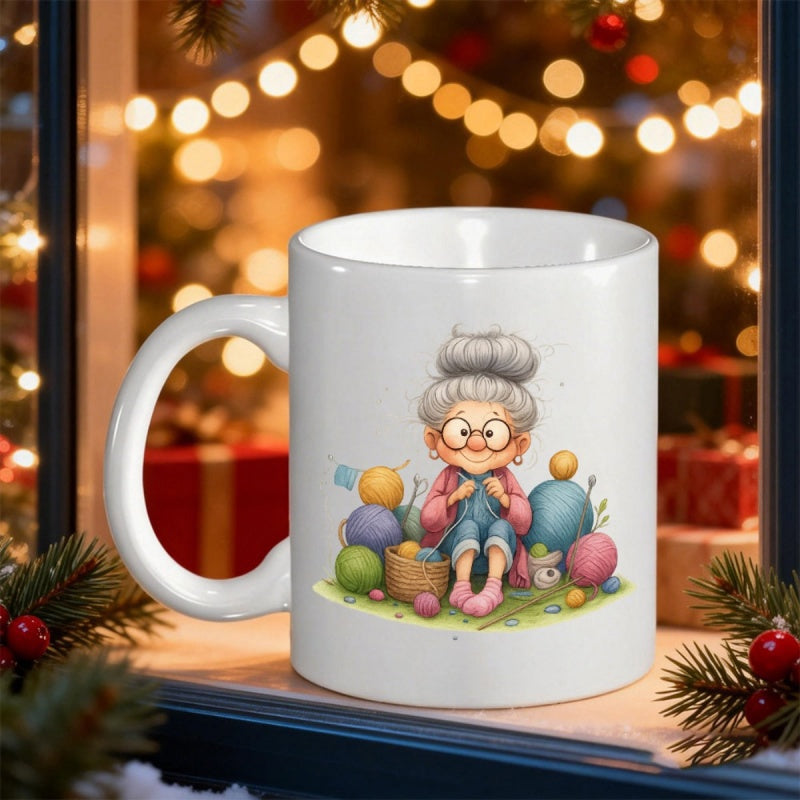 Tailorly White Ceramic 11 oz Mug - Charming Elderly Woman Knitting Among Vibrant Colorful Soft Wool Balls Grandmother