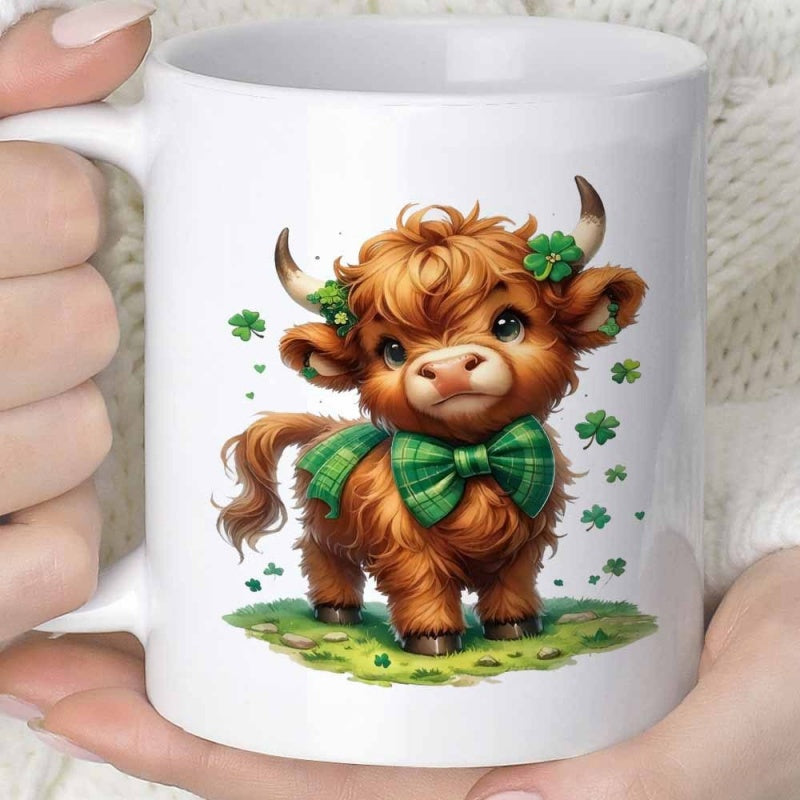 Tailorly White Ceramic 11 oz Mug - Festive Highland Calf Wearing Green Bow Tie Among Little Lucky Shamrocks Highland Cow