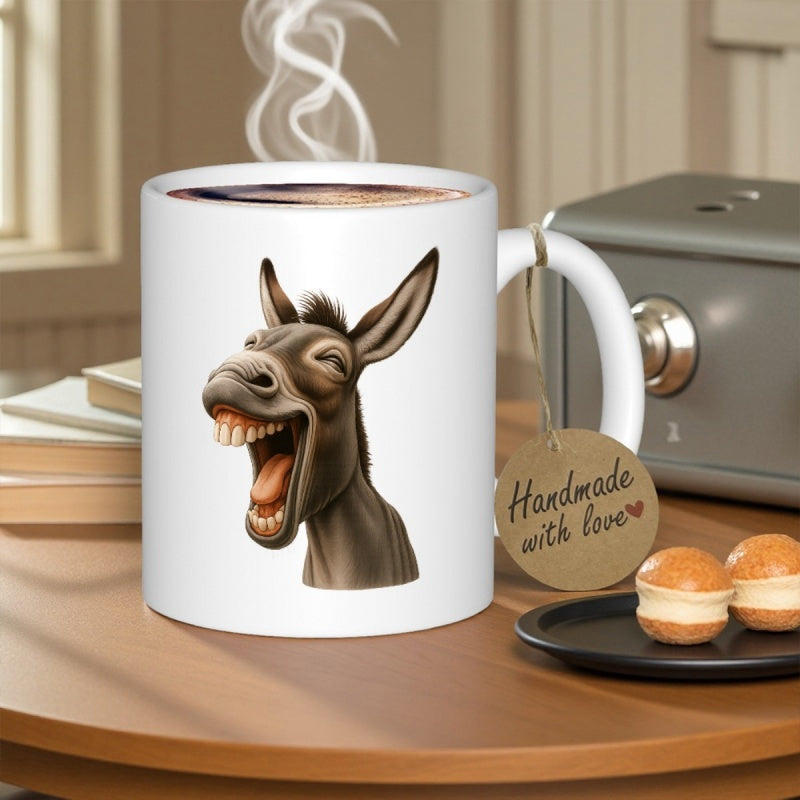 Tailorly White Ceramic 11 oz Mug - Humorous Laughing Animal Portrait With Open Mouth And Large Teeth Donkey
