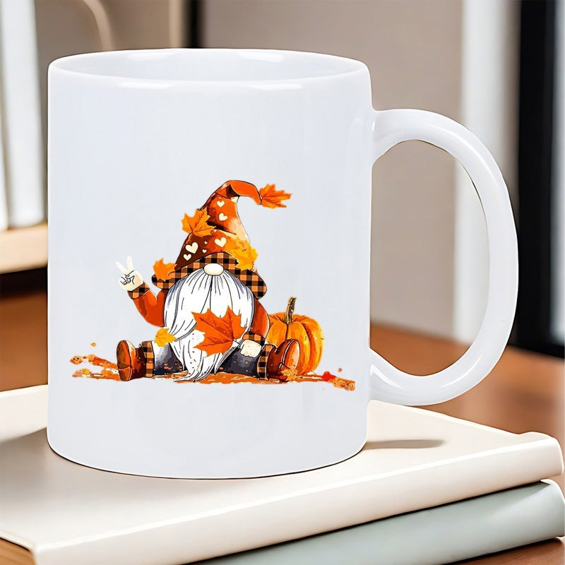 Tailorly White Ceramic 11 oz Mug - Charming Autumn Leaves And Pumpkin With A Plaid Hat Gnome