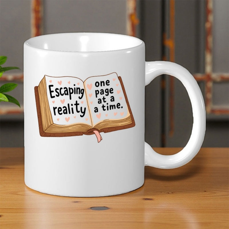 Tailorly White Ceramic 11 oz Mug - Escaping Reality One Page At A Time Vintage Open Book With Pink Hearts Spreading Across The Pages Book