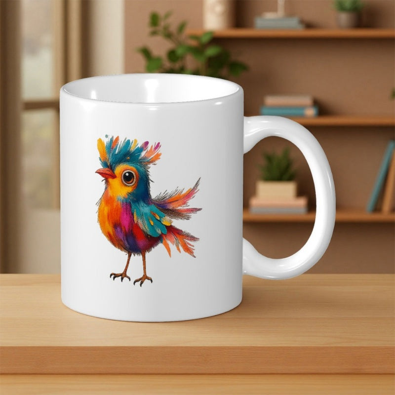 Tailorly White Ceramic 11 oz Mug - Artistic Vibrant Small Creature With Colorful Feathers And Cute Expression Bird