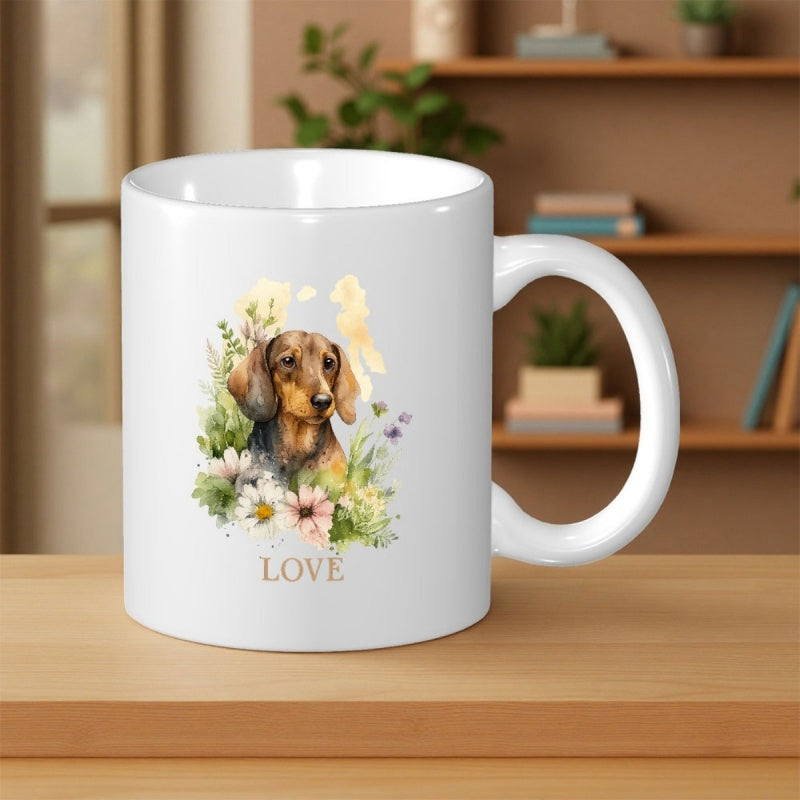 Tailorly White Ceramic 11 oz Mug - Love Artistic Watercolor Style With Blooming Garden Flowers And Gentle Cute Dachshund