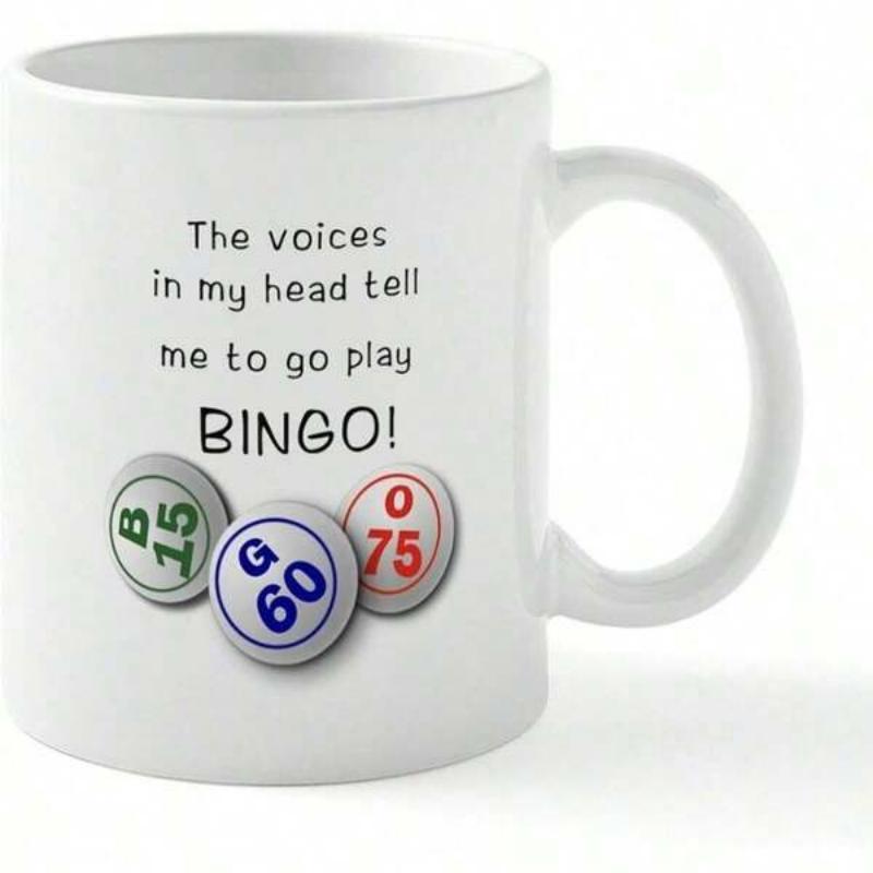 Tailorly White Ceramic 11 oz Mug - The Voices In My Head Tell Me To Go Play Bingo Three Colorful Numbered Game Pieces Arranged Under Playful Text Mug