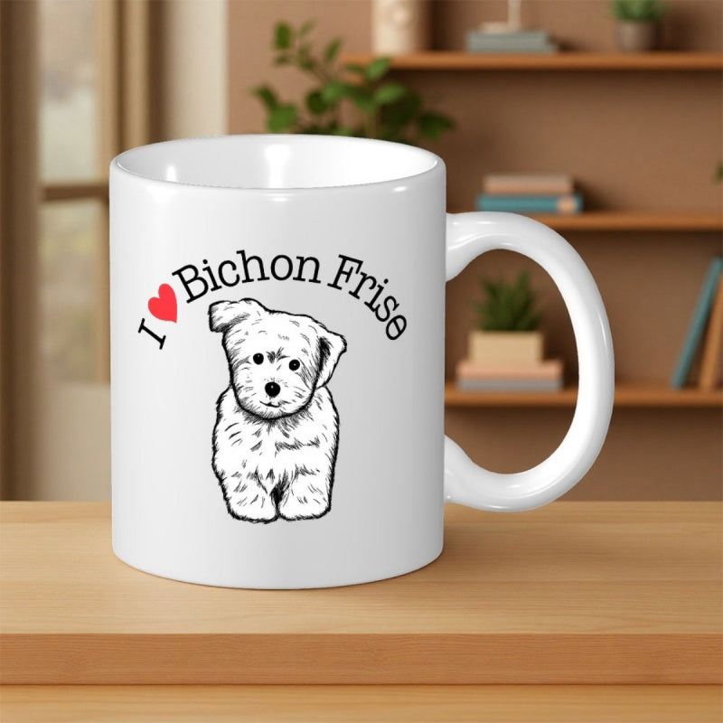 Tailorly White Ceramic 11 oz Mug - I Bichon Frise Detailed Hand Drawn Sketch Of A Cute Fluffy Puppy Sitting Calmly Bichon Frise