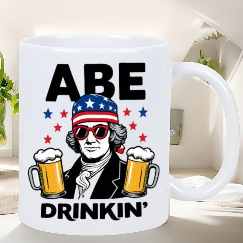 Tailorly White Ceramic 11 oz Mug - Abe Drinkin Patriotic Man Wearing Sunglasses And Headband Holding Two Large Beer Glasses Lincoln