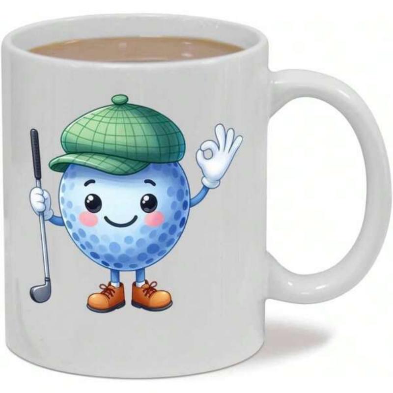 Tailorly White Ceramic 11 oz Mug - Cheerful Blue Golf Ball Character Wearing Plaid Cap Holding A Club Ball
