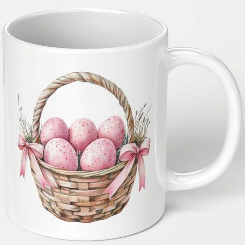 Tailorly White Ceramic 11 oz Mug - Woven Rustic Style With Pink Speckled Eggs And Ribbons Basket