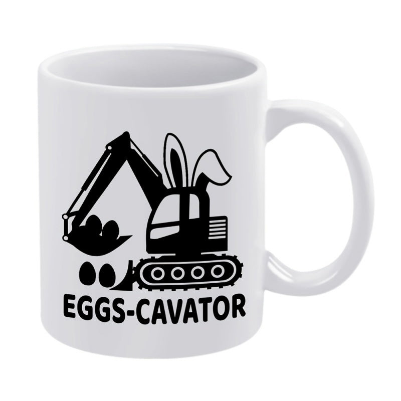 Tailorly White Ceramic 11 oz Mug - Eggs Cavator Playful Construction Machine With Bunny Ears Digging Hidden Easter Eggs Excavator