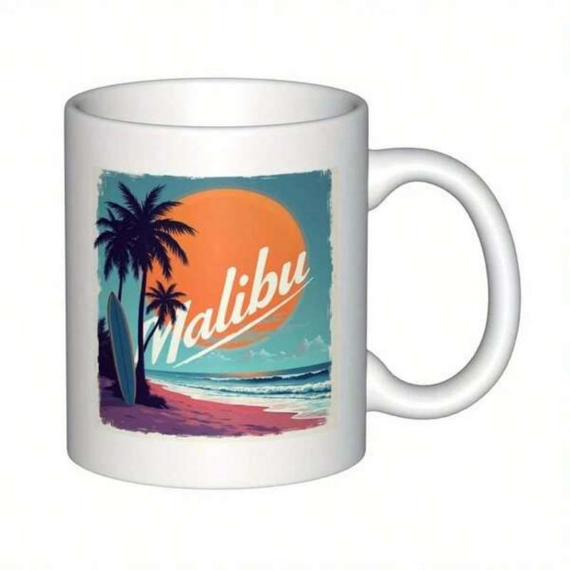 Tailorly White Ceramic 11 oz Mug - Malibu Retro Tropical Beach Scene With Palm Trees Under Glowing Golden Sunset Coastline