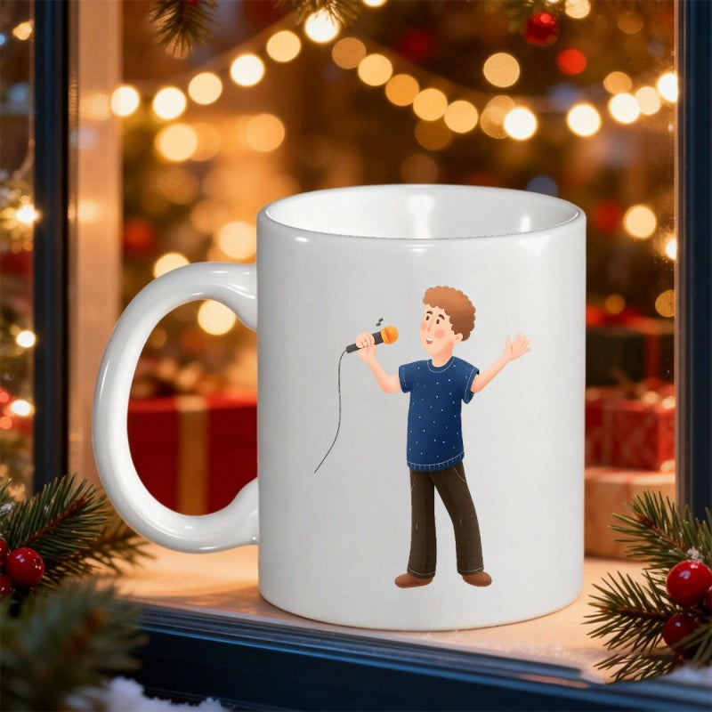 Tailorly White Ceramic 11 oz Mug - Young Boy Singing Into Microphone Wearing Casual Blue Shirt And Trousers Singer