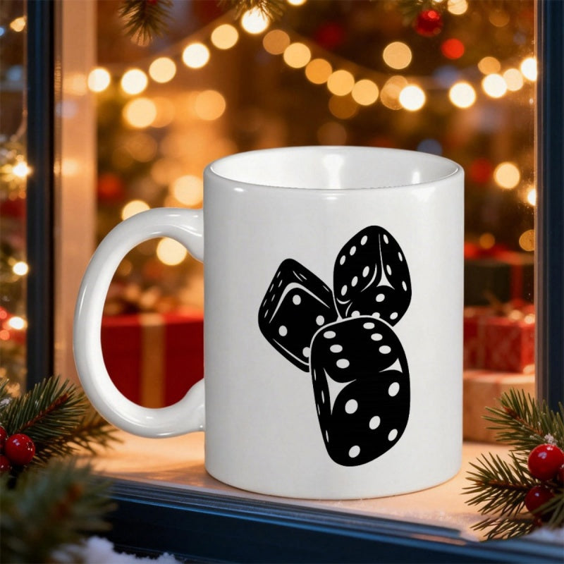 Tailorly White Ceramic 11 oz Mug - Three Black Minimalist Game Cubes Falling Through The Air Together Dice