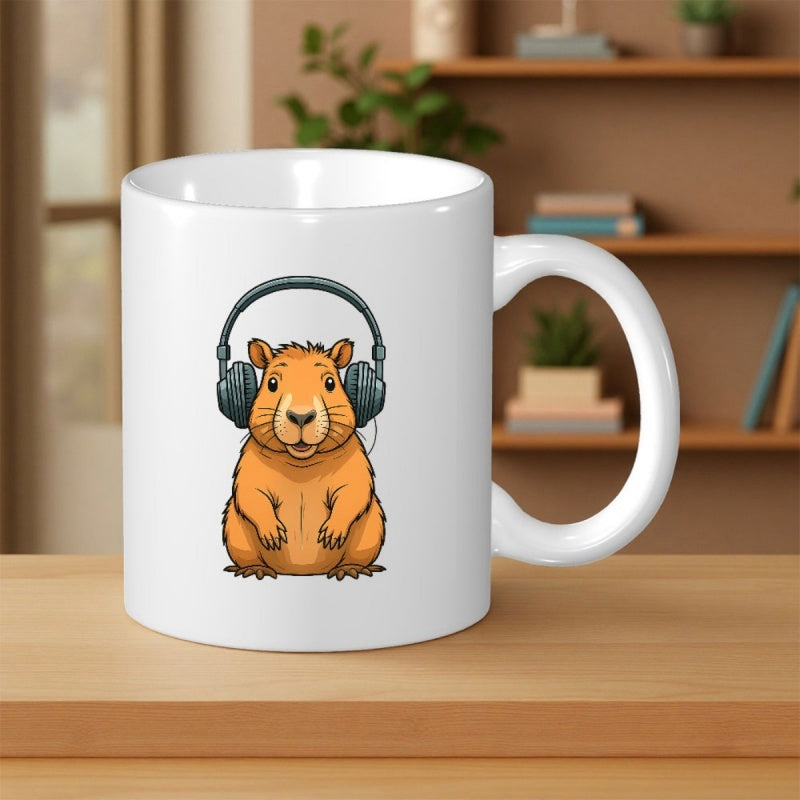 Tailorly White Ceramic 11 oz Mug - Cute Cartoon Capybara Wearing Large Modern Headphones In A Centered Layout Capybara