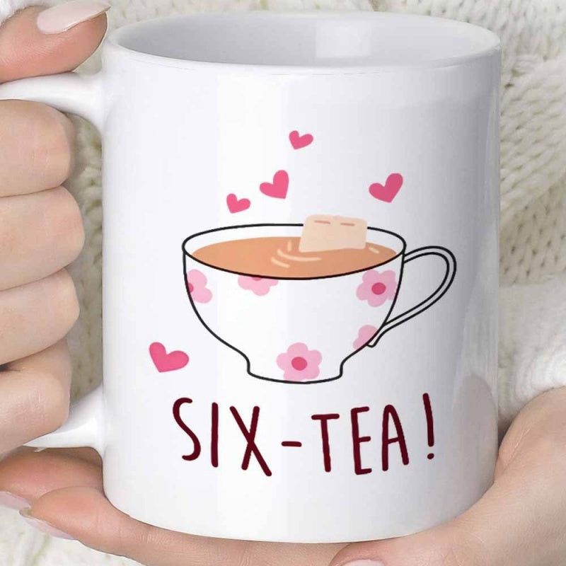 Tailorly White Ceramic 11 oz Mug - Six Tea Hand Drawn Floral Teacup With Small Floating Pink Hearts Teacup