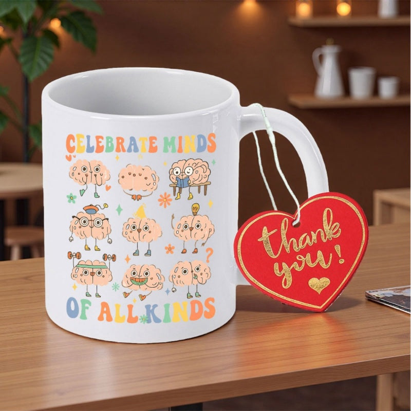Tailorly White Ceramic 11 oz Mug - Celebrate Minds Of All Kinds Colorful Cartoon Human Brains Showing Various Unique Personality Traits Mug