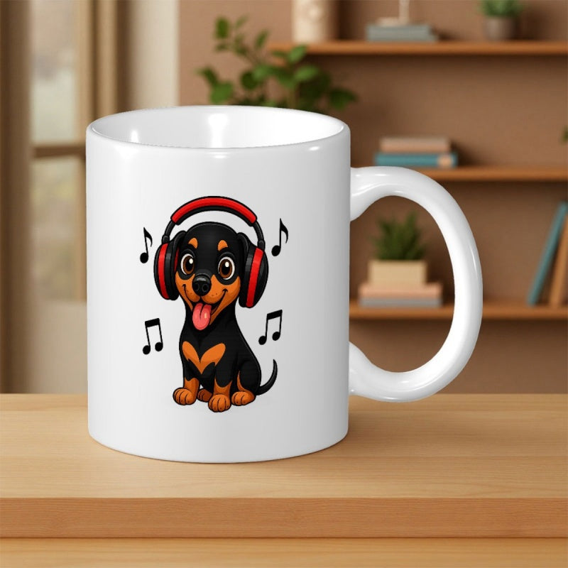 Tailorly White Ceramic 11 oz Mug - Adorable Cartoon Dachshund Wearing Red Headphones Surrounded By Musical Notes Dog