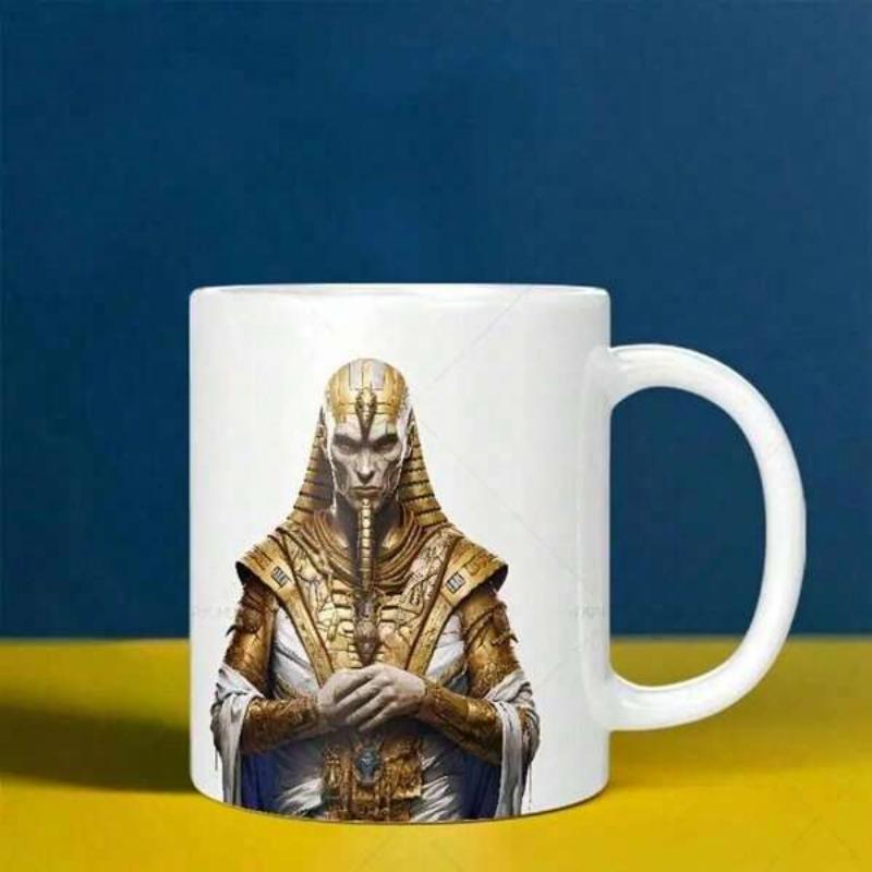Tailorly White Ceramic 11 oz Mug - Majestic Golden Egyptian Character With Ornate Armor And Traditional Headdress Pharaoh