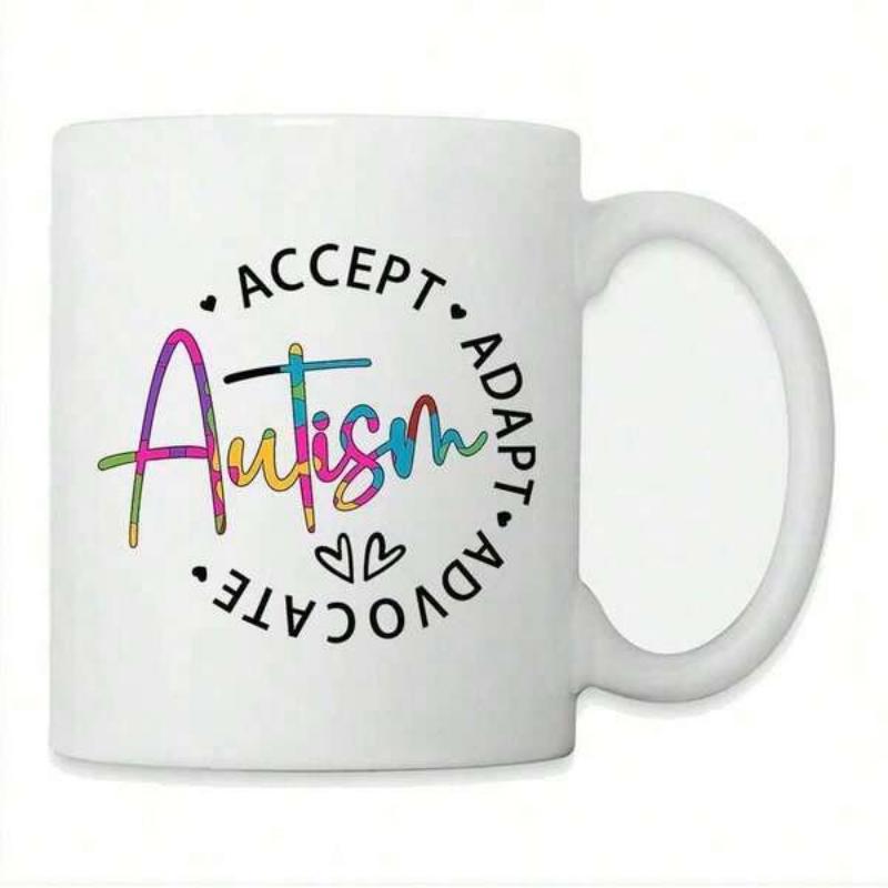 Tailorly White Ceramic 11 oz Mug - Accept Adapt Advocate Autism Inspirational Awareness Words With Colorful Script And Small Delicate Double Hearts Circle