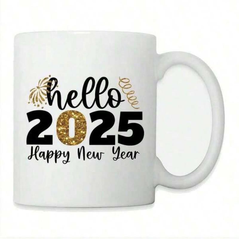 Tailorly White Ceramic 11 oz Mug - Hello 2025 Happy New Year Sparkling Golden Numbers With Decorative Fireworks For New Year Celebration Mug