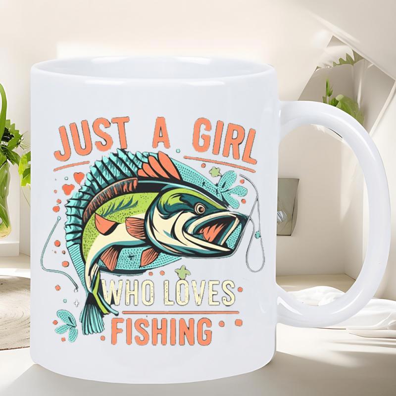 Tailorly White Ceramic 11 oz Mug - Just A Girl Who Loves Fishing Vibrant Cartoon Bass Jumping Amidst Decorative Floral And Fishing Line Fish