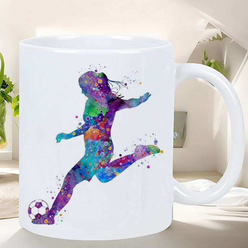 Tailorly White Ceramic 11 oz Mug - Vibrant Watercolor Splashes Forming An Athletic Female Figure Kicking A Ball Soccer Player