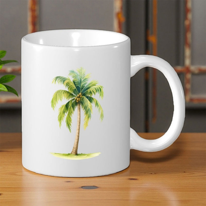 Tailorly White Ceramic 11 oz Mug - Watercolor Style Tropical Green Fronds Standing On Sandy Beach Ground Palm Tree
