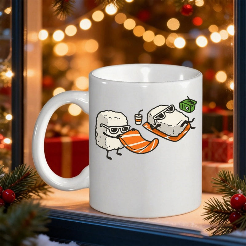 Tailorly White Ceramic 11 oz Mug - Cute Personified Rice Balls Enjoying Sunbathing With Slices Of Salmon Sushi