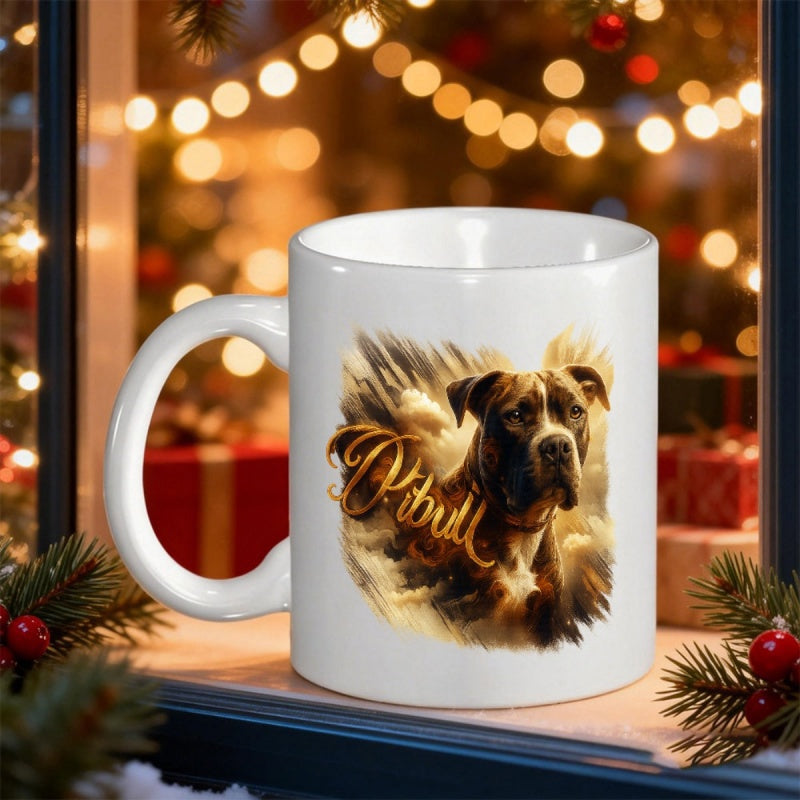 Tailorly White Ceramic 11 oz Mug - Pitbull Majestic Canine Portrait With Artistic Brushstrokes And Warm Golden Tones Dog