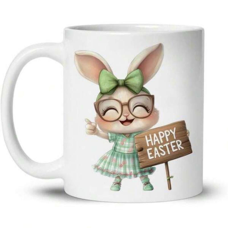 Tailorly White Ceramic 11 oz Mug - Happy Easter Adorable Cute Rabbit Wearing Green Bow And Glasses Holding Sign Bunny