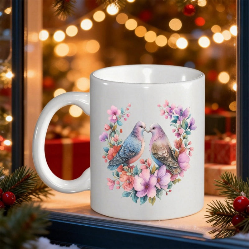 Tailorly White Ceramic 11 oz Mug - Beautiful Watercolor Pair Nestled Within A Delicate Pink Floral Wreath Bird