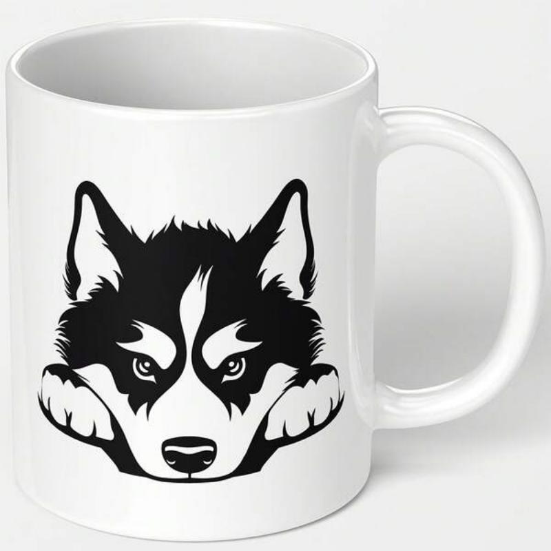 Tailorly White Ceramic 11 oz Mug - Minimalist Black And White Vector Peeking Face With Paws Husky