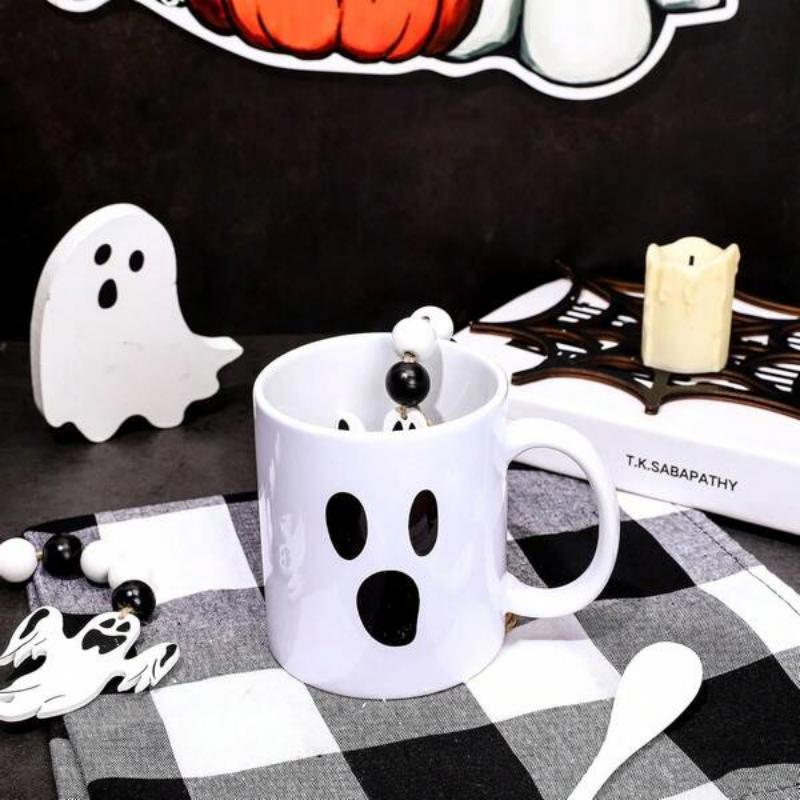 Tailorly White Ceramic 11 oz Mug - Minimalist Black Ghost Face Expression On A Classic