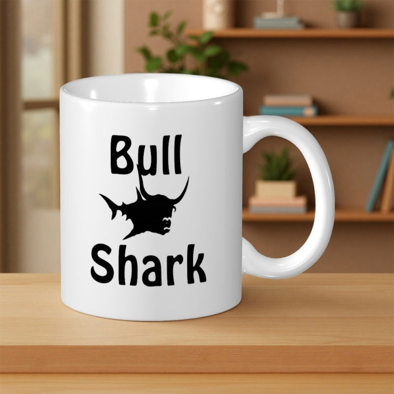 Tailorly White Ceramic 11 oz Mug - Bull Shark Creative Black Silhouette Combining Strong Bull Features With Predator Shark