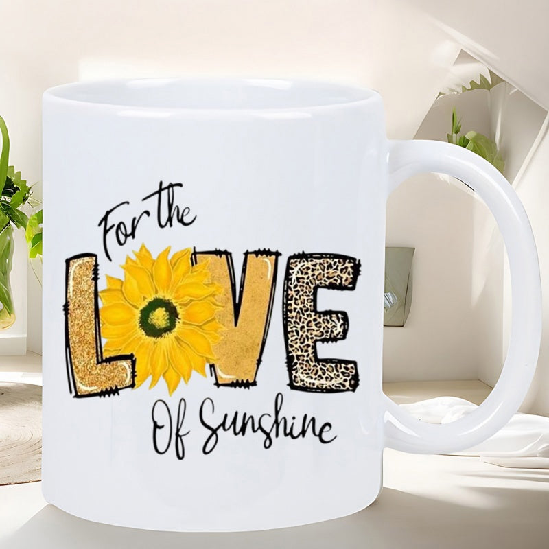 Tailorly White Ceramic 11 oz Mug - For The Love Of Sunshine Vibrant Yellow Blooming Sunflower Combined With Stylized Golden Textures And Leopard Print Sunflower
