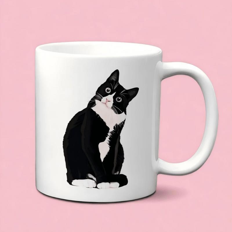 Tailorly White Ceramic 11 oz Mug - Sitting Patiently With A Tilted Head Black And White Tuxedo Cat