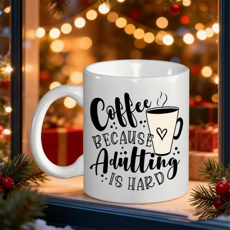 Tailorly White Ceramic 11 oz Mug - Coffee Because Adulting Is Hard Minimalist Steaming Cup With Heart Among Stylized Black Script Mug