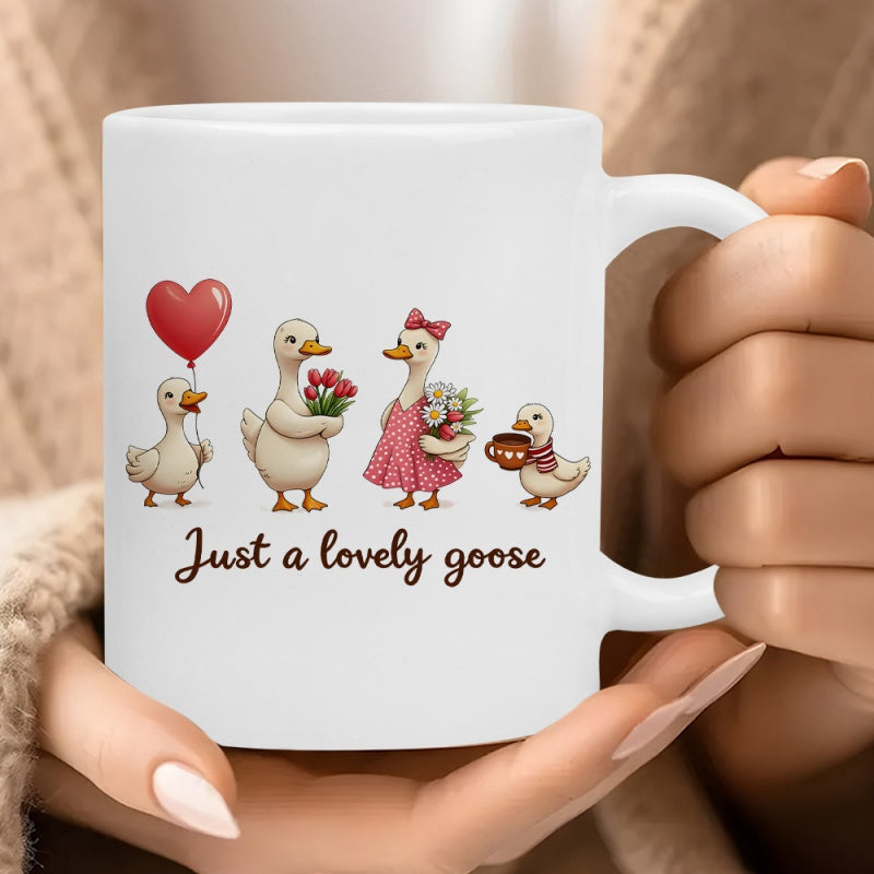 Tailorly White Ceramic 11 oz Mug - Just A Lovely Goose Charming Family Of Cartoon Ducks Carrying Flowers And Heart Balloon Geese