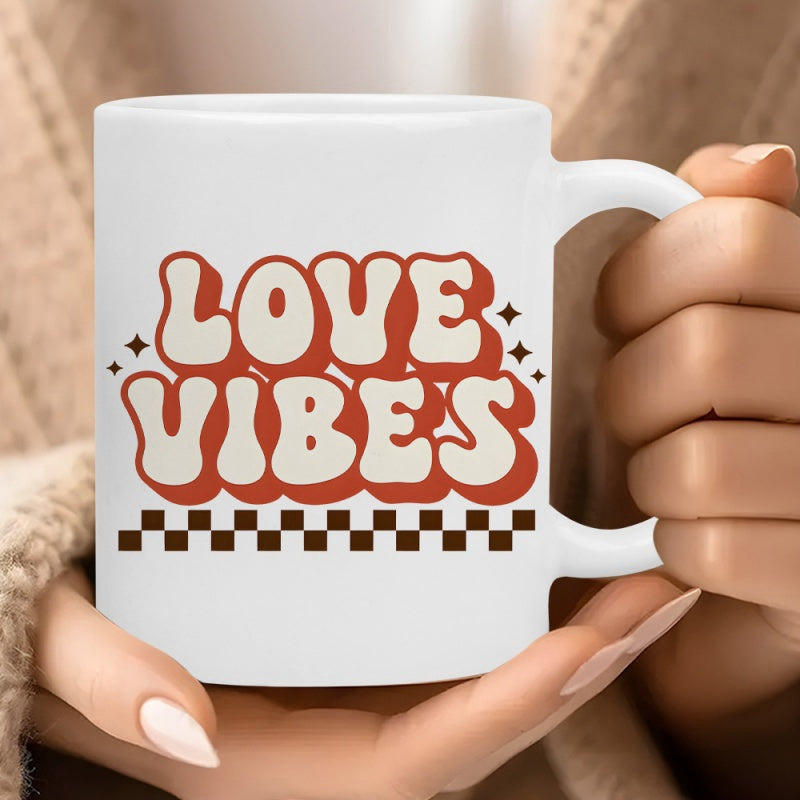 Tailorly White Ceramic 11 oz Mug - Love Vibes Retro Groovy Typography Featuring Sparkling Stars Above Checkerboard Pattern Art