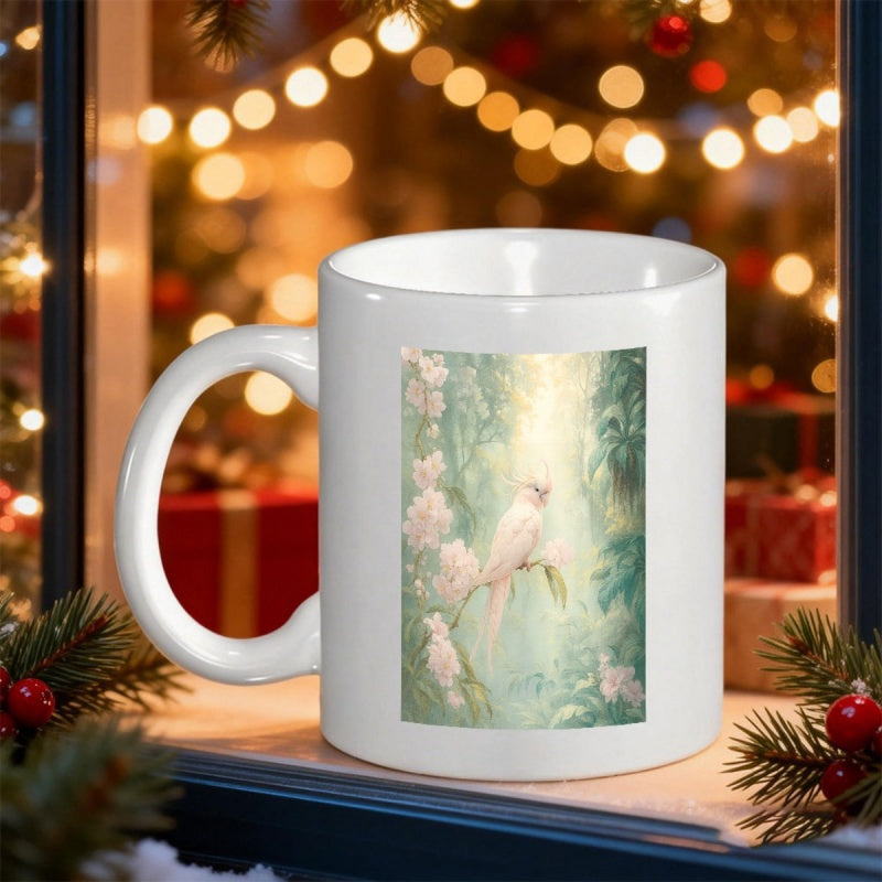 Tailorly White Ceramic 11 oz Mug - Ethereal White Bird Resting Among Soft Pastel Flowers In Enchanted Garden Bird