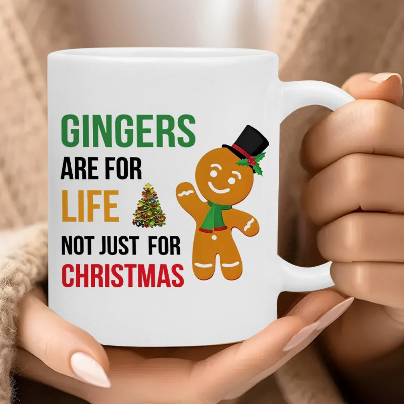 Tailorly White Ceramic 11 oz Mug - Gingers Are For Life Not Just For Christmas Festive Smiling Character Wearing A Black Hat And Green Scarf Gingerbread Man