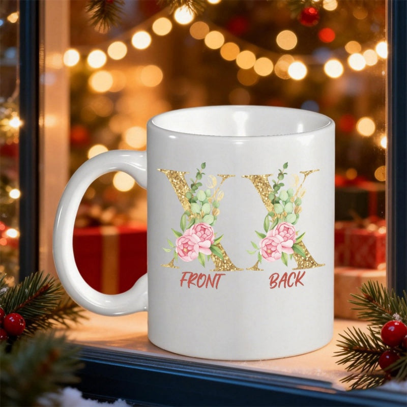Tailorly White Ceramic 11 oz Mug - Front Back Gold Glitter Texture With Elegant Pink Roses And Green Leaves Decorative Flower