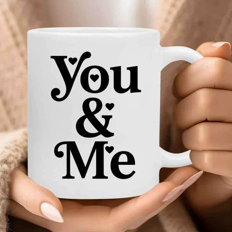 Tailorly White Ceramic 11 oz Mug - You Me Elegant Black Typography Decorated With Small Delicate Hearts Lettering