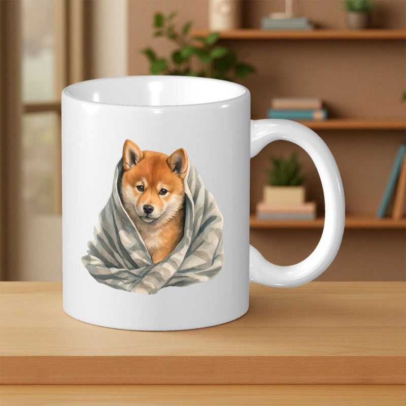 Tailorly White Ceramic 11 oz Mug - Adorable Shiba Inu Wrapped Inside A Soft Grey Textured Comfy Blanket Dog
