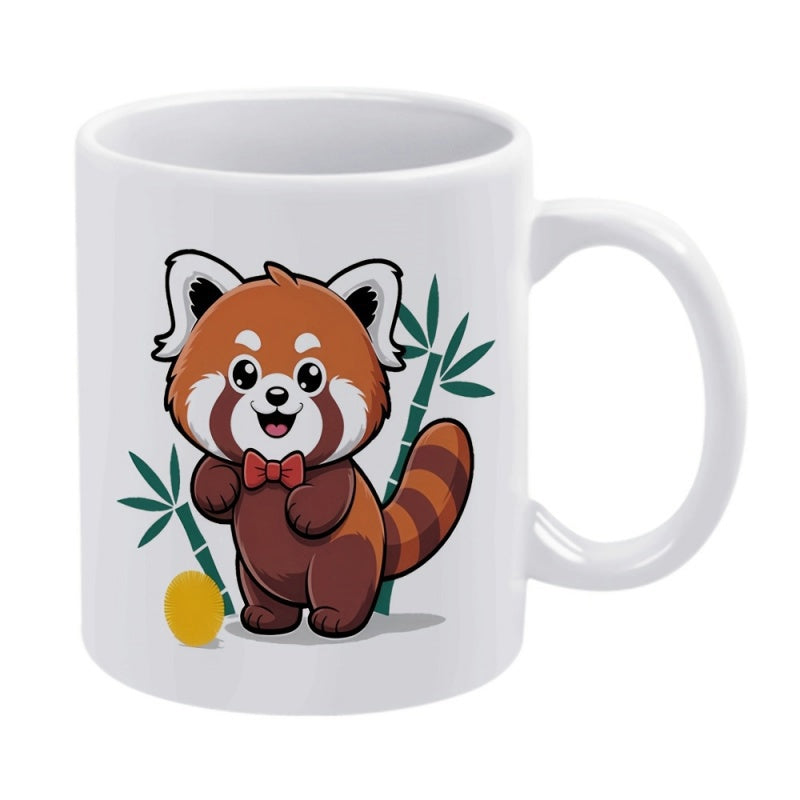 Tailorly White Ceramic 11 oz Mug - Adorable Cartoon Animal Wearing Red Bow Tie Beside Green Bamboo Stalks Red Panda
