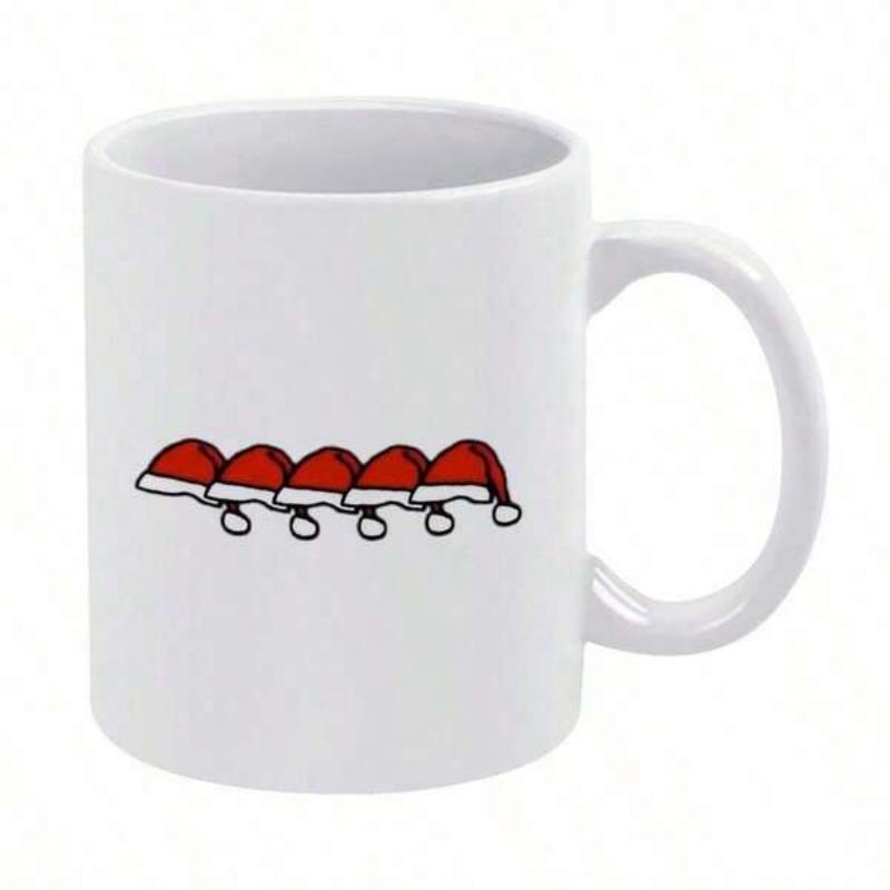 Tailorly White Ceramic 11 oz Mug - Festive Red Christmas Hats Arranged Horizontally In A Simple Row Style Santa Hat