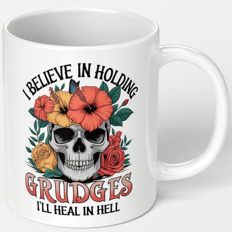 Tailorly White Ceramic 11 oz Mug - I Believe In Holding Grudges Ill Heal In Hell Vintage Human Skull Adorned With Colorful Tropical Hibiscus And Roses Among Leaves