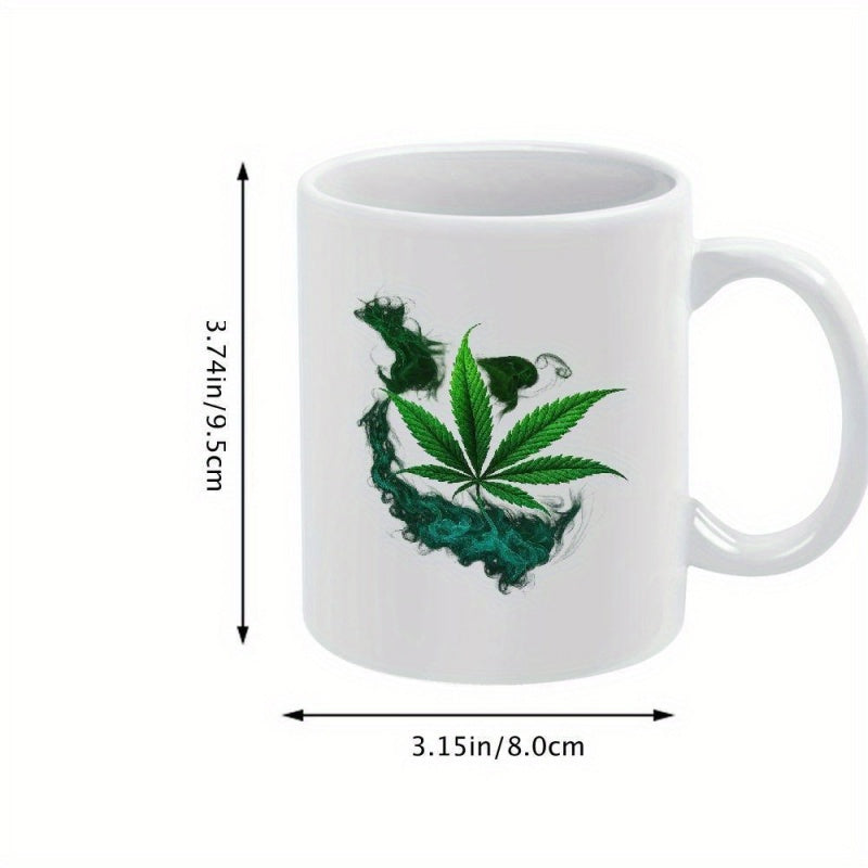 Tailorly White Ceramic 11 oz Mug - Vibrant Green Herbal Leaf Floating Over Artistic Swirling Emerald Smoke Effect Leaf
