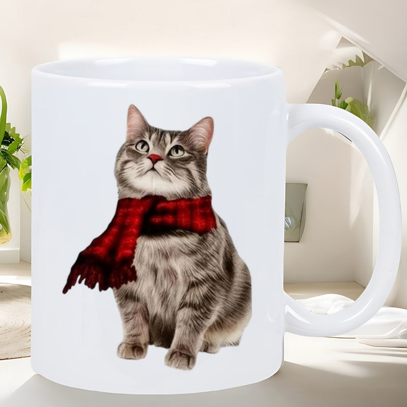 Tailorly White Ceramic 11 oz Mug - Adorable Fluffy Gray Tabby Wearing A Warm Red Plaid Winter Scarf Cat