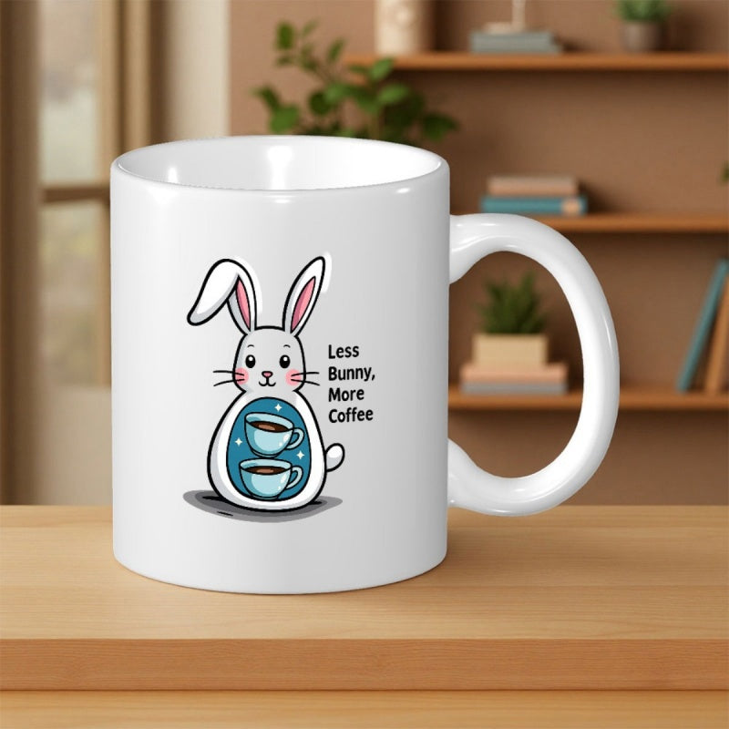 Tailorly White Ceramic 11 oz Mug - Less Bunny More Coffee Cute White Cartoon Rabbit Carrying Two Small Coffee Cups Inside Body Bunny